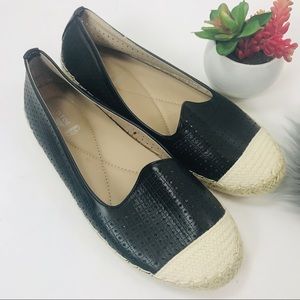 Gold Toe. Black laser cut espadrille flat loafers